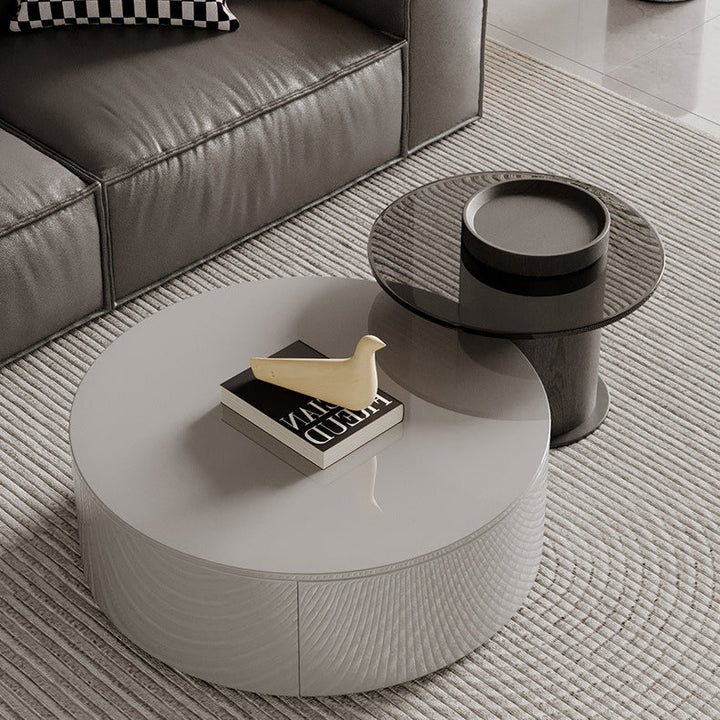 Modern Minimalist Round Plywood Metal Glass Coffee Table Set 2-Drawer For Living Room