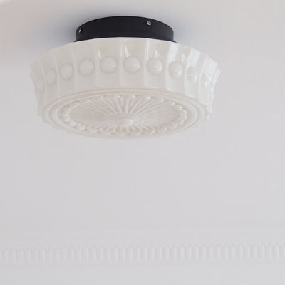 French Vintage White Jade Glass Stripes Round Drum 1-Light Semi-Flush Mount Ceiling Light