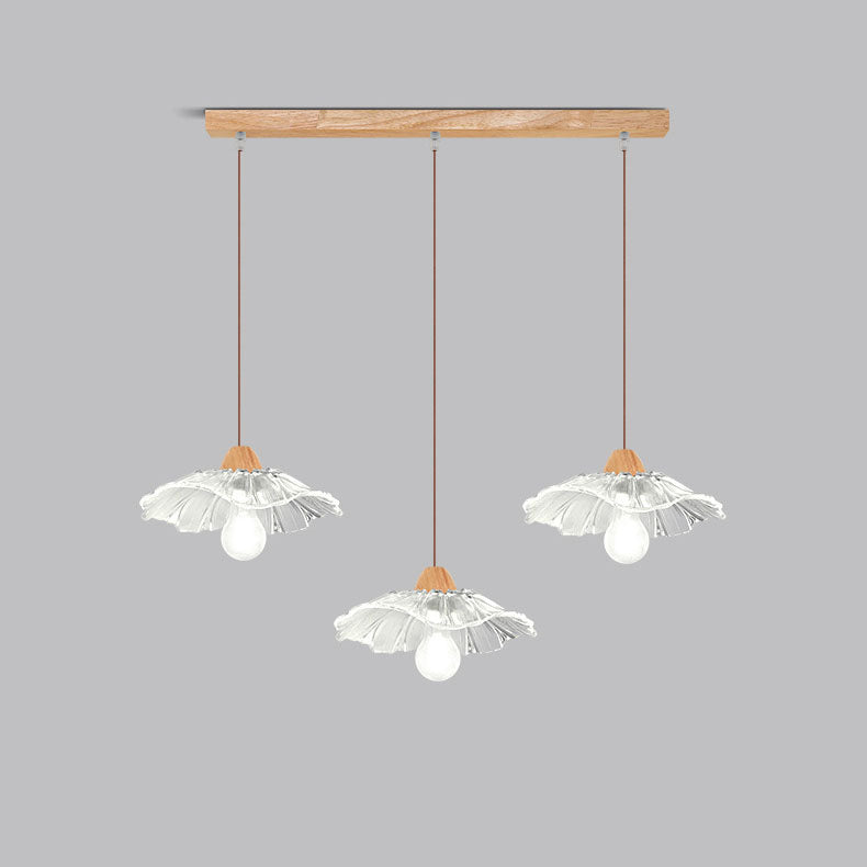 Art déco moderne en bois avec abat-jour en verre en forme de feuille de lotus, lustre à 1/3 lumières pour chambre à coucher 