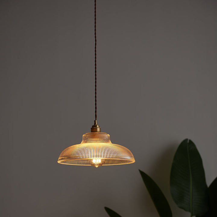 Traditionelle Vintage gerippte Glasscheibe Schirm Messing 1-flammige Pendelleuchte für Wohnzimmer 