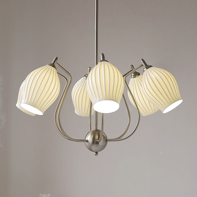 Traditioneller französischer Kronleuchter aus Eisen, Kupfer und Keramik mit Blumenglocke, gestreift, 4/6/8 Lichter für Wohnzimmer 