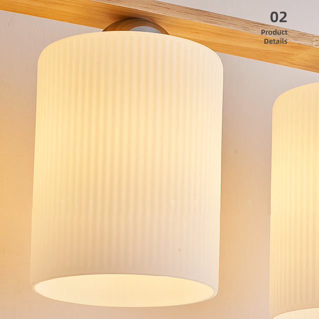 Zeitgenössischer skandinavischer langer Zylinder aus Glas und Holz mit 4 Lichtern, Inselleuchter für Wohnzimmer 