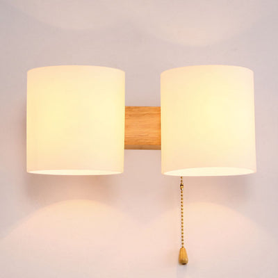 Modern Warm Cylindrical Rubber Wood Glass 1/2 Light Wall Sconce Lamp