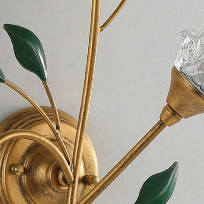 Traditional European Iron Crystal Glass Flower Leave 2-Light Wall Sconce Lamp For Living Room