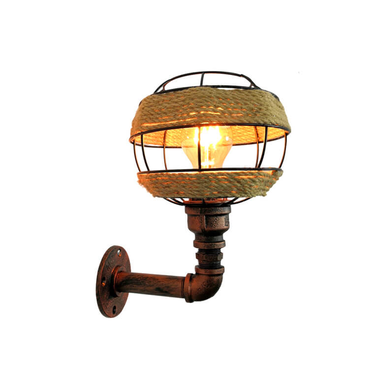 Industrial Hemp Rope Weaving Iron Sphere 1-Light Wall Sconce Lamp