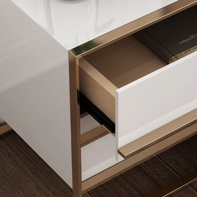 Table de nuit moderne en bois massif cubique avec cadre en acier inoxydable à 2 tiroirs pour chambre 