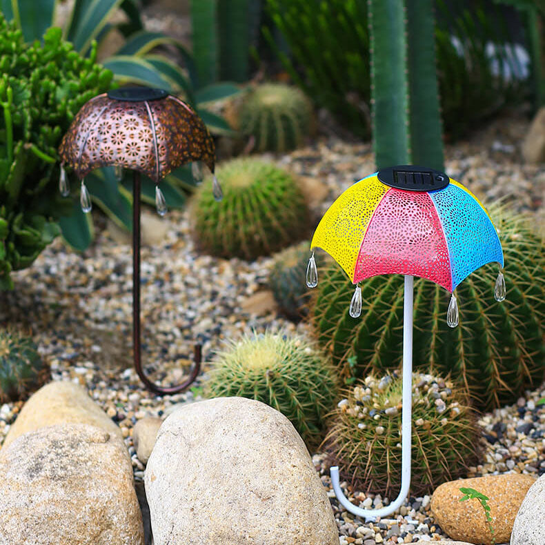 Outdoor Solar Eisen Bunte Regenschirm Hohle LED Rasen Einsteck Landschaftslicht 