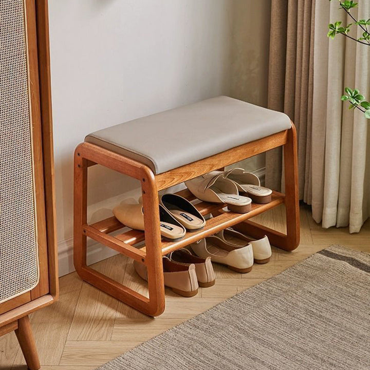 Modern Minimalist Rectangular Faux Leather Solid Wood Shoe Storage 1-Shelf For Entryways
