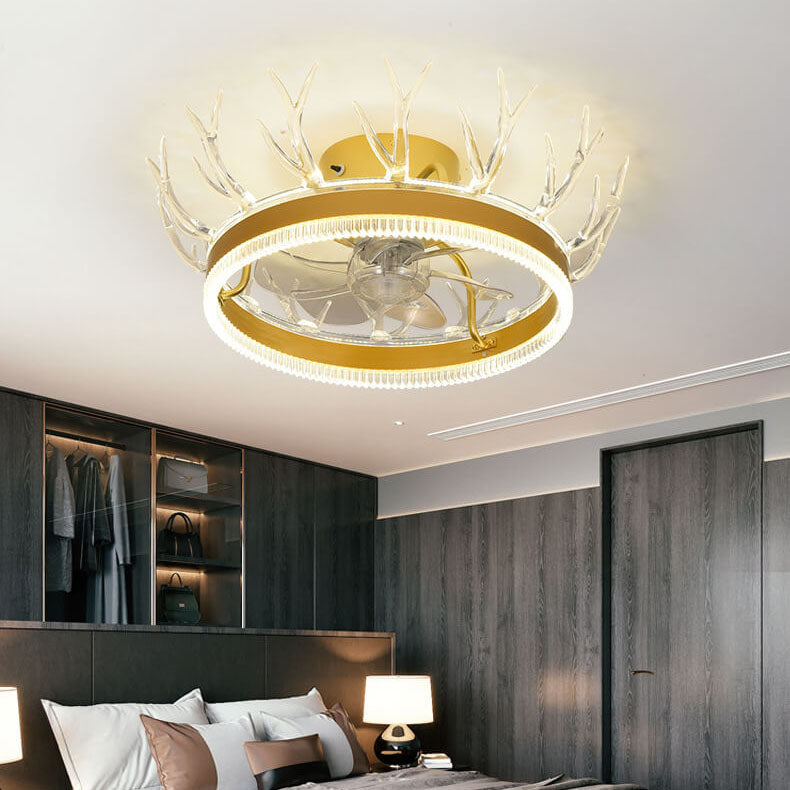 Modern Golden Glamour Acrylic Antler Design LED Semi-Flush Mount Ceiling Fan Light