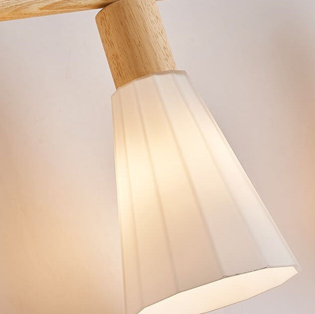 Japanese Wabi-sabi Solid Wood Semi-Conical Glass Shade 3-Light Island Light Chandelier