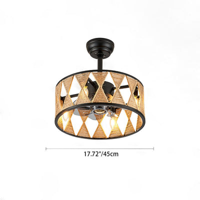 Ventilador de techo con cilindro de cuerda de cáñamo industrial creativo de 4 luces y varillas hacia abajo 