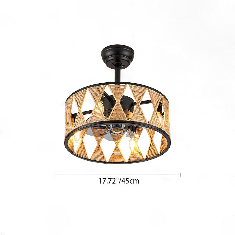Ventilador de techo con cilindro de cuerda de cáñamo industrial creativo de 4 luces y varillas hacia abajo 
