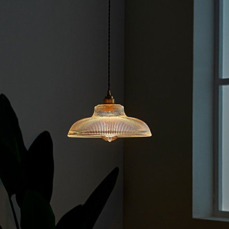 Traditional Japanese Wood Brass Glass Semicircular Loudspeaker 1-Light Pendant Light For Dining Room