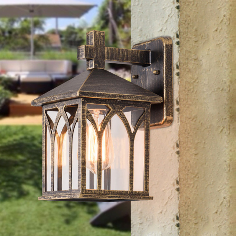 Traditionelle europäische wasserdichte Aluminiumglas-Würfel-1-Licht-Wandleuchterlampe für den Garten 