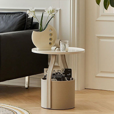 Contemporary Creative Round Barrel Faux Saddle Leather Stainless Steel Coffee Table Tote For Living Room