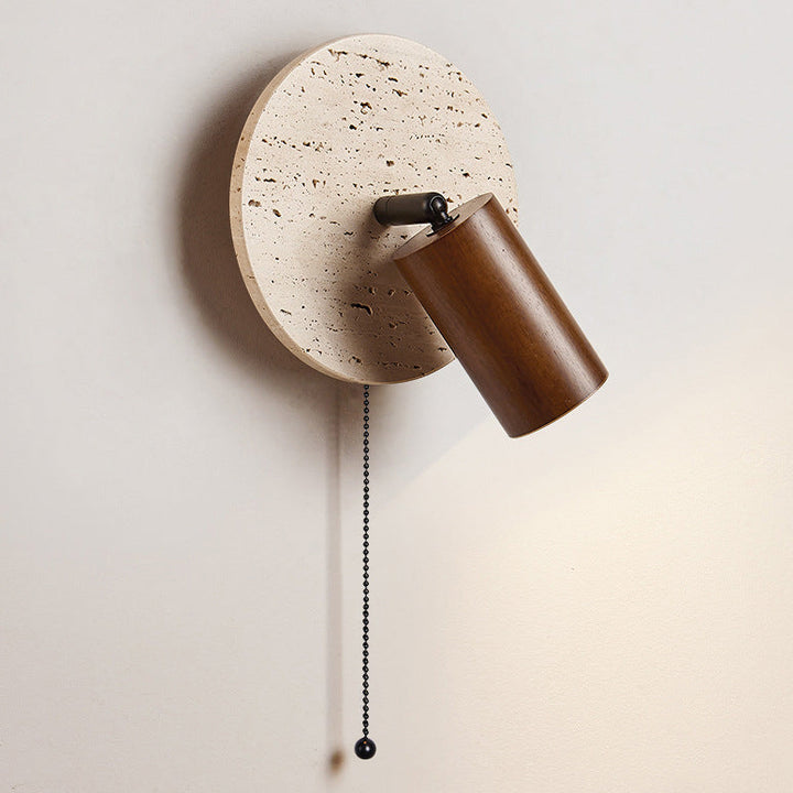 Applique murale moderne de style mi-siècle en bois massif cylindrique rond beige travertin à 1 lumière pour chambre 