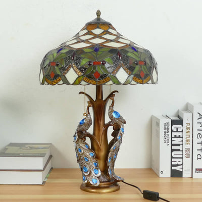 Vintage Tiffany Stained Glass Dome Peacock Base 2-Light Table Lamp