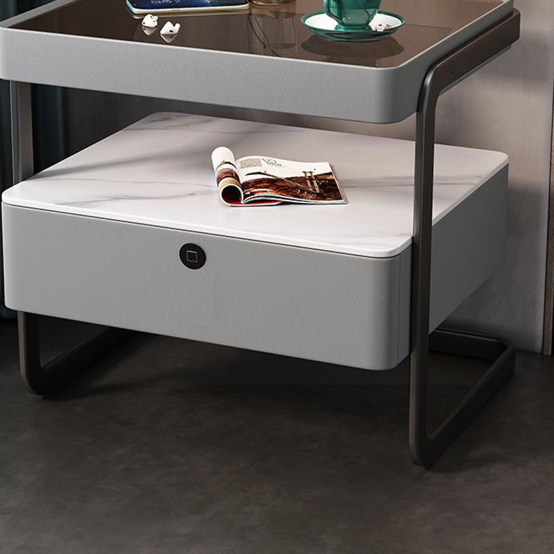 Table de nuit moderne minimaliste rectangulaire en verre trempé avec serrure et 1 tiroir pour chambre 