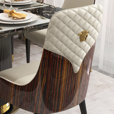 Chaise de salle à manger contemporaine en cuir nordique avec dossier et accoudoirs en bois, acier inoxydable et éponge 