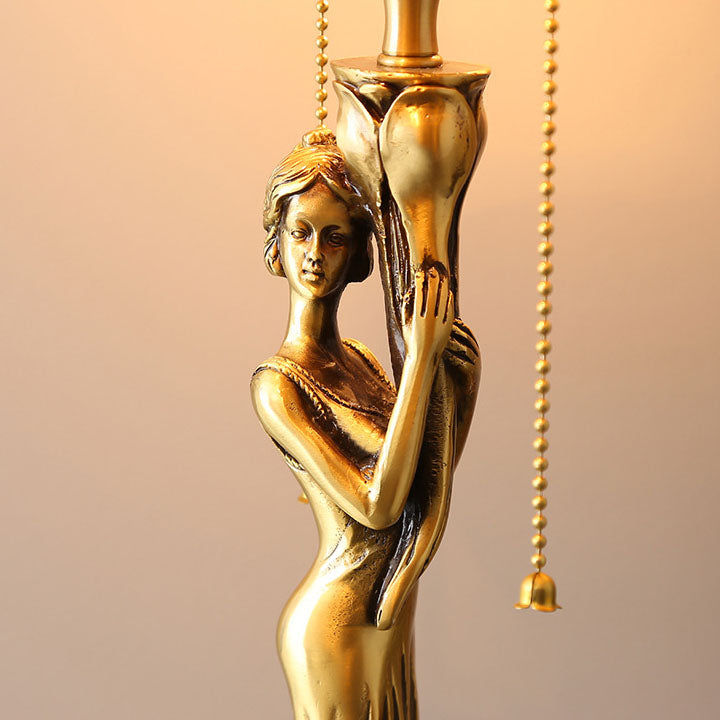 Tiffany Kupfer Göttin Statue Basis Muschel Dekoration 2-Licht Tischlampe 