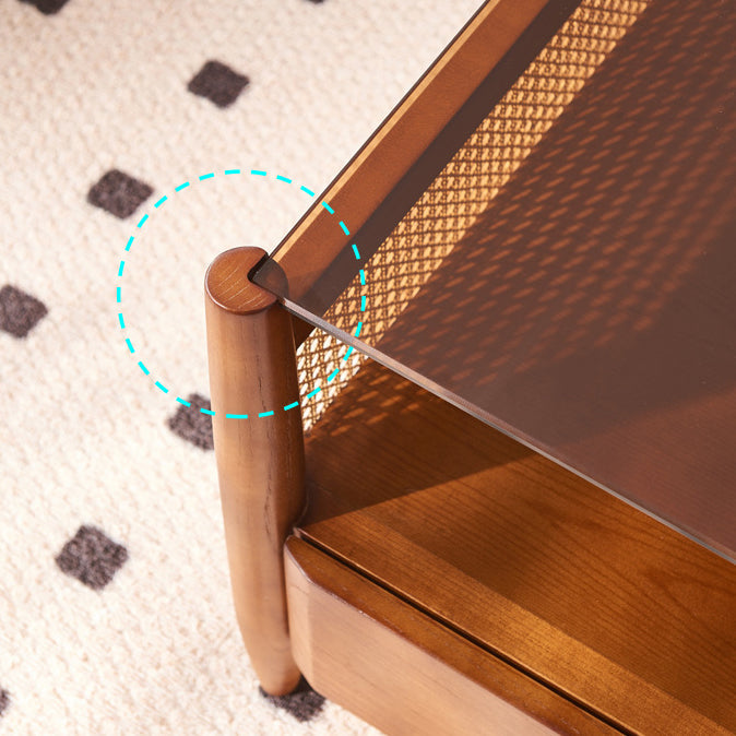 Traditioneller japanischer Weben Rechteckiger Couchtisch aus Eschenholz mit Glas und 4 Schubladen für das Wohnzimmer 