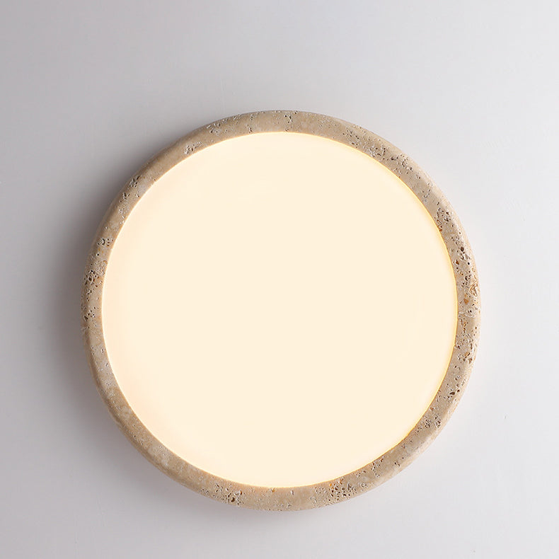 Traditional Japanese Round Yellow Travertine Acrylic LED Flush Mount Ceiling Light For Living Room