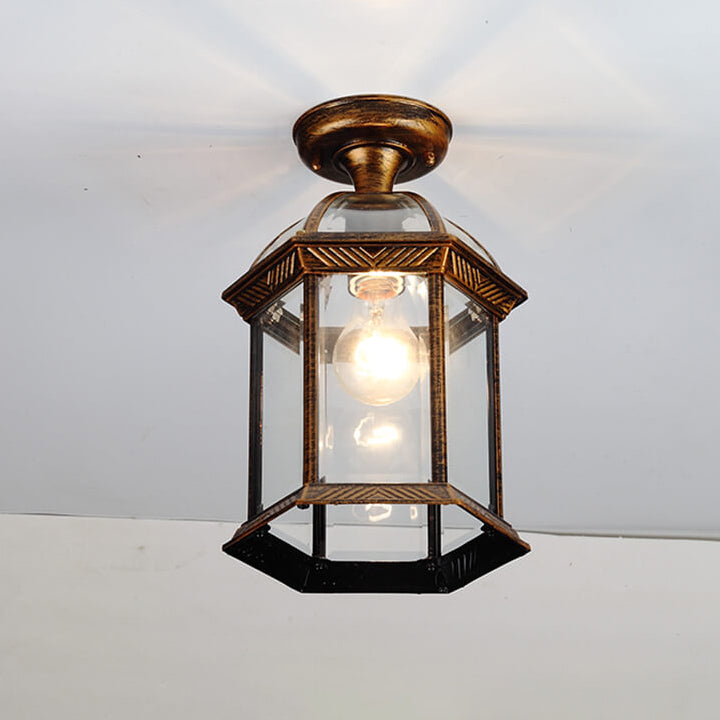 European Outdoor Hexagonal Lantern Waterproof 1-Light Semi-Flush Mount Ceiling Light