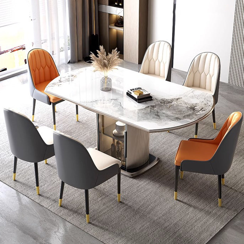 Contemporary Nordic Elliptical Rock Slab Oak Wood Glass Dining Table &amp; Chair Set For 4 Seats