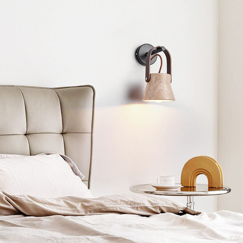 Aplique de pared de 1 luz redondo de travertino amarillo y nogal retro japonés 