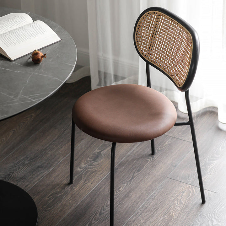 Contemporary Nordic Round PU Leather Faux Rattan Weaving Iron Chair Backrest For Living Room
