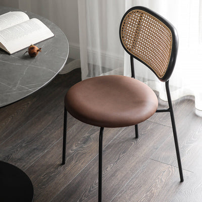 Contemporary Nordic Round PU Leather Wood Rattan Chair Backrest For Living Room