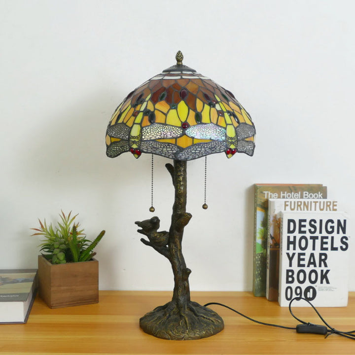 Traditional Tiffany Dragonfly Flower Stained Glass Bird Base 2-Light Table Lamp For Bedroom