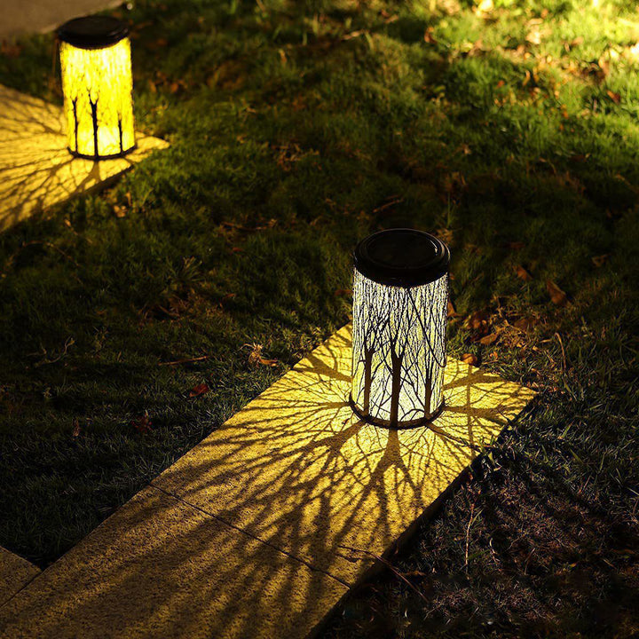 Moderne Art Deco Solarzylinder-Skelettlaterne Eisen LED Außenlandschaftslicht für den Garten 