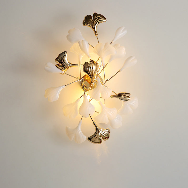 Applique murale contemporaine créative en feuille de ginkgo en fer plastique porcelaine 2/3 lumières pour salon 