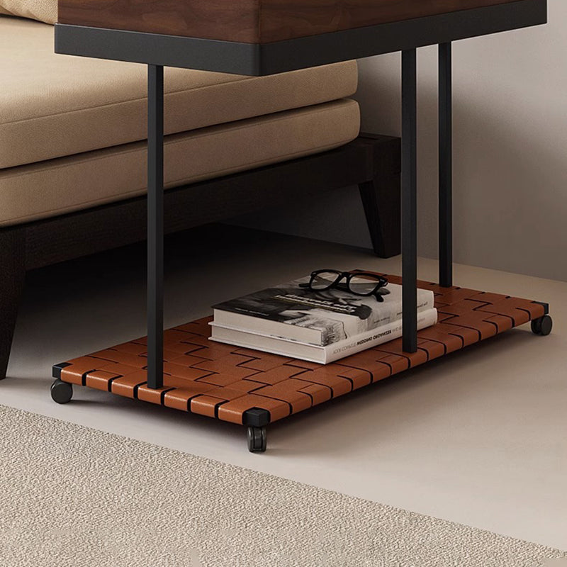 Moderner minimalistischer abnehmbarer rechteckiger Eisensattel Leder Massivholz Beistelltisch mit 1 Ablage für das Wohnzimmer 