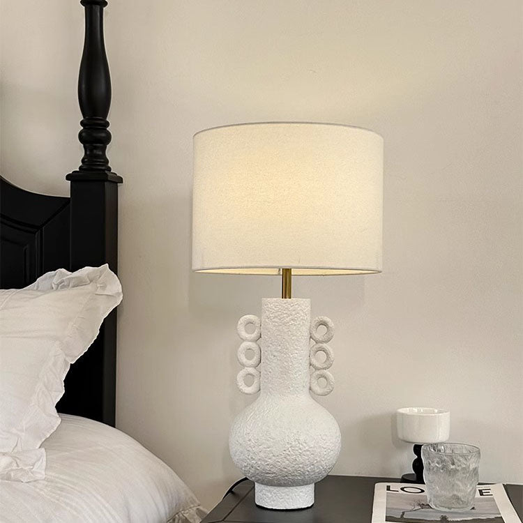 Lampe de table à 1 lumière avec base en résine et pichet en tissu à tambour japonais traditionnel pour chambre à coucher 