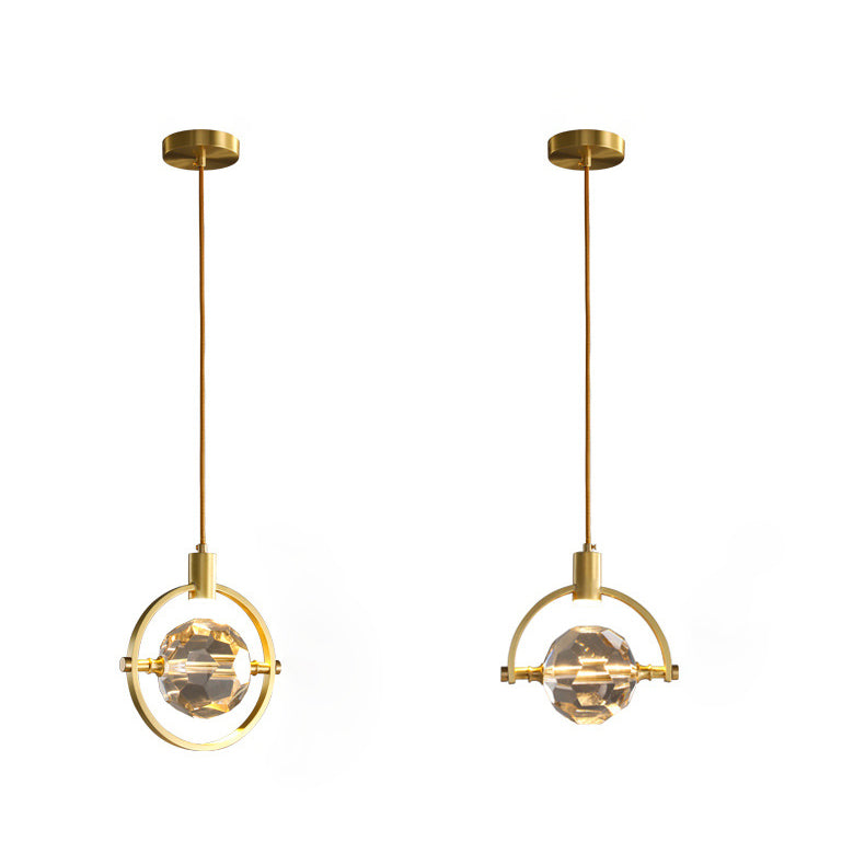 Modern Luxury Full Copper Circle Ring Crystal Ball 1-Light Pendant Light For Living Room