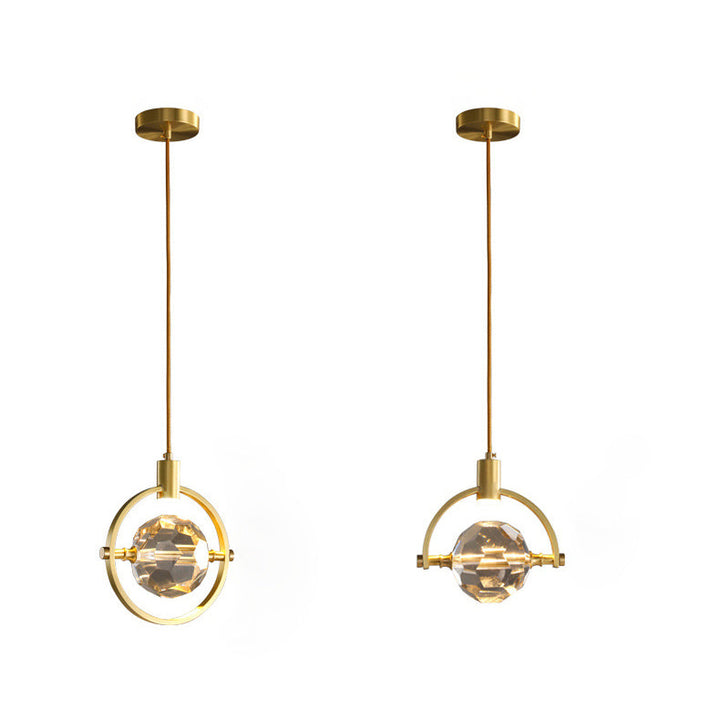 Modern Luxury Full Copper Circle Ring Crystal Ball 1-Light Pendant Light For Living Room