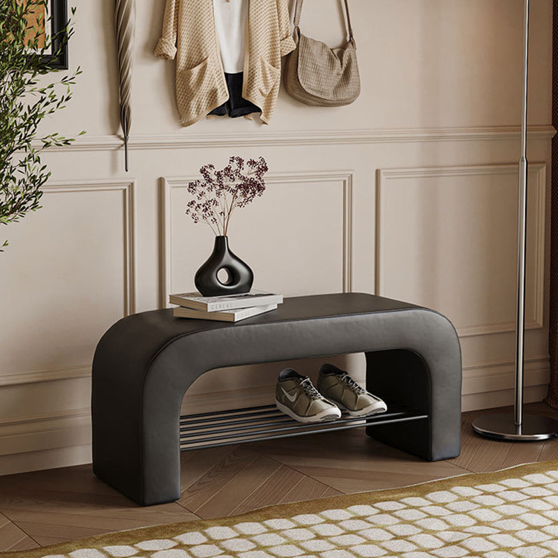 Banc de rangement moderne minimaliste en agneau rectangulaire long en cuir PU avec fer, 1 étagère pour les entrées 