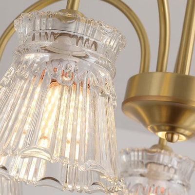 Zeitgenössische Retro gebogene Stange Blume Tasse Kupfer Glas 3/5/6 Licht Kronleuchter für Wohnzimmer 