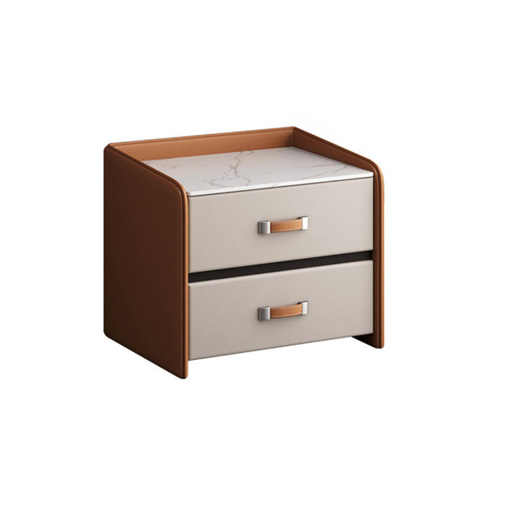 Modern Simplicity Rectangular Slab Saddle-Style Faux Leather Wood Nightstand 2-Drawer For Bedside