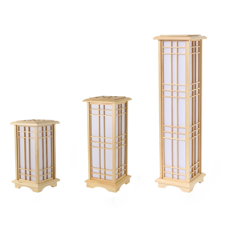 Traditional Japanese Wood Acrylic Pillar Rectangular 1/2/3 Light Standing Floor Lamp For Bedroom