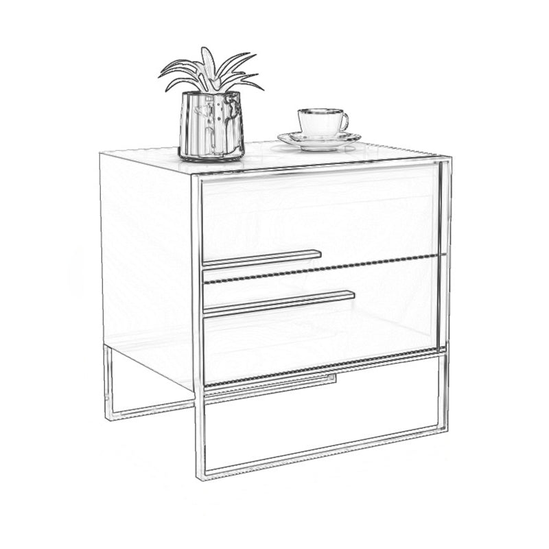 Table de nuit moderne en bois massif cubique avec cadre en acier inoxydable à 2 tiroirs pour chambre 