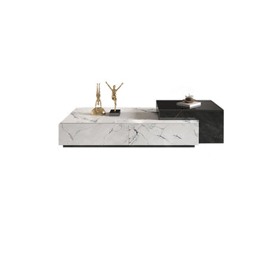 Mesa de café de madera rectangular cuadrada minimalista moderna con placa de piedra y 4 cajones para sala de estar 