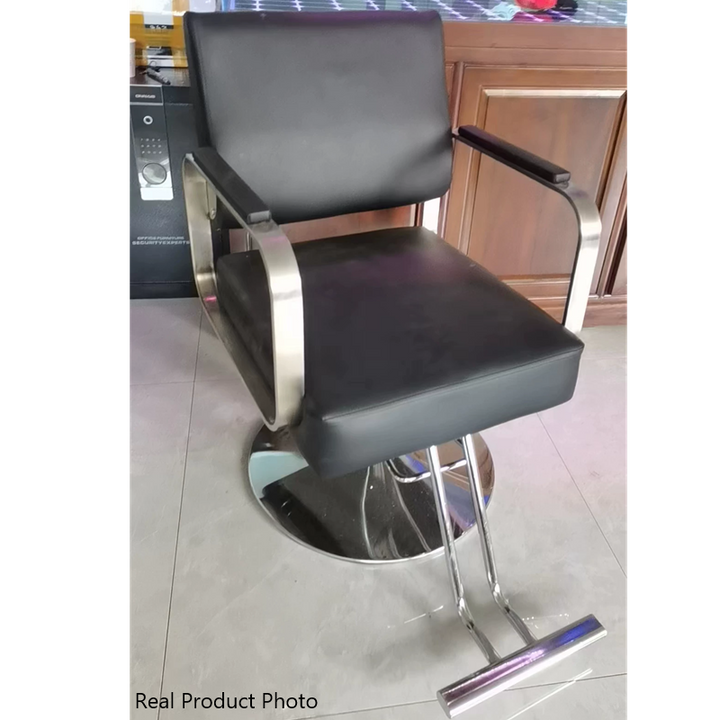 Silla giratoria moderna y minimalista de acero inoxidable y hierro galvanizado en color plateado, con cuero sintético tipo napa, espuma, respaldo y reposabrazos, para sala de estar 