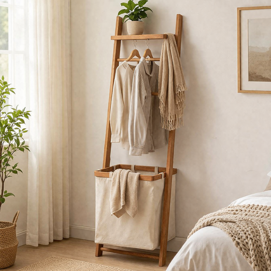 Modern Minimalist Solid Cherry Wood Fabric Rectangular Garment Rack Multi-Function Hall Tree With Laundry Basket For Living Room &amp; Bedroom &amp; Bathroom