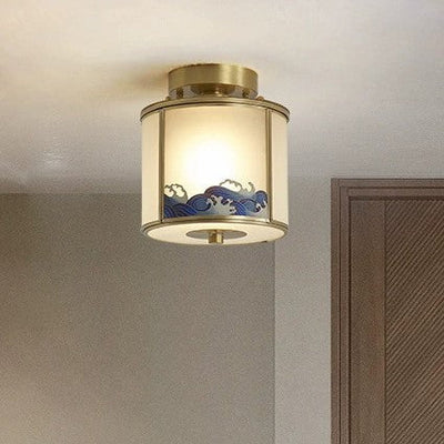 Traditionelle chinesische Malerei Zylinder Kupfer Löten 1-Licht Semi-Flush Mount Deckenleuchte für Schlafzimmer 