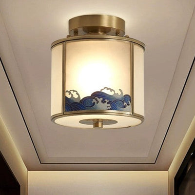 Traditionelle chinesische Malerei Zylinder Kupfer Löten 1-Licht Semi-Flush Mount Deckenleuchte für Schlafzimmer 