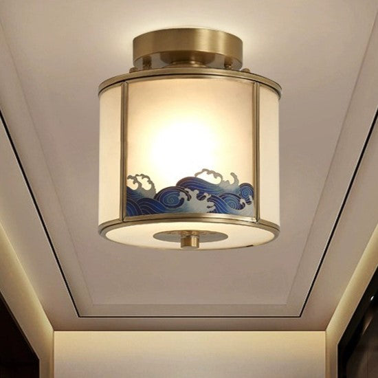 Traditionelle chinesische Malerei Zylinder Kupfer Löten 1-Licht Semi-Flush Mount Deckenleuchte für Schlafzimmer 