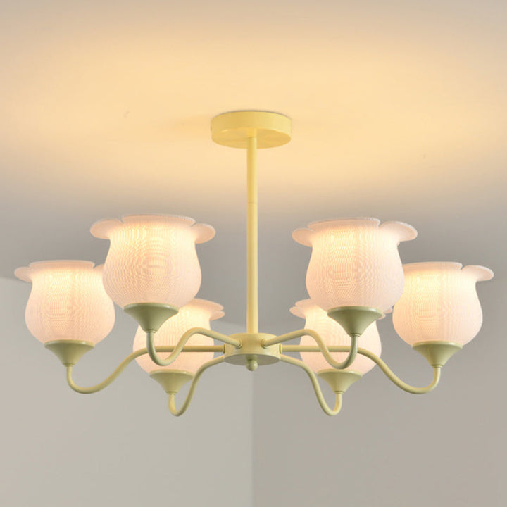 Moderner Art-Deco-Kronleuchter mit Eisenrahmen und PLA-Glocken-Orchideen-Blumenschirm, 3/5/6 Lichter, für Wohnzimmer 